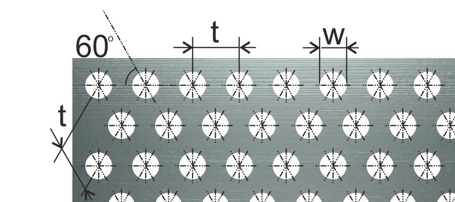 Перфорированный лист в Тольятти со смещенными рядами круглых отверстий или отверстиями по шестиугольнику